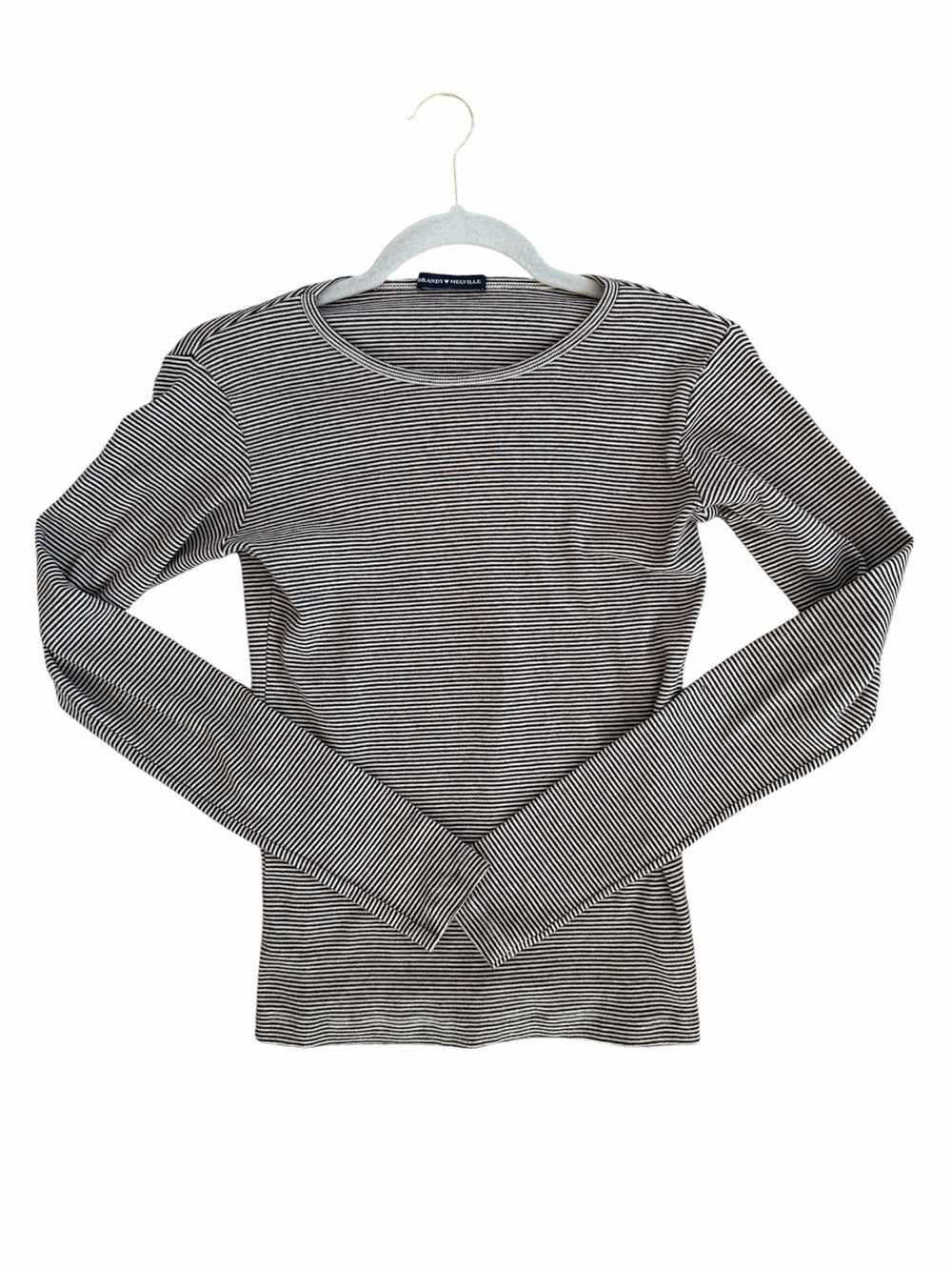 Brandy Melville 100% Cotton Striped Long Sleeve Crewneck Top - Brown & White